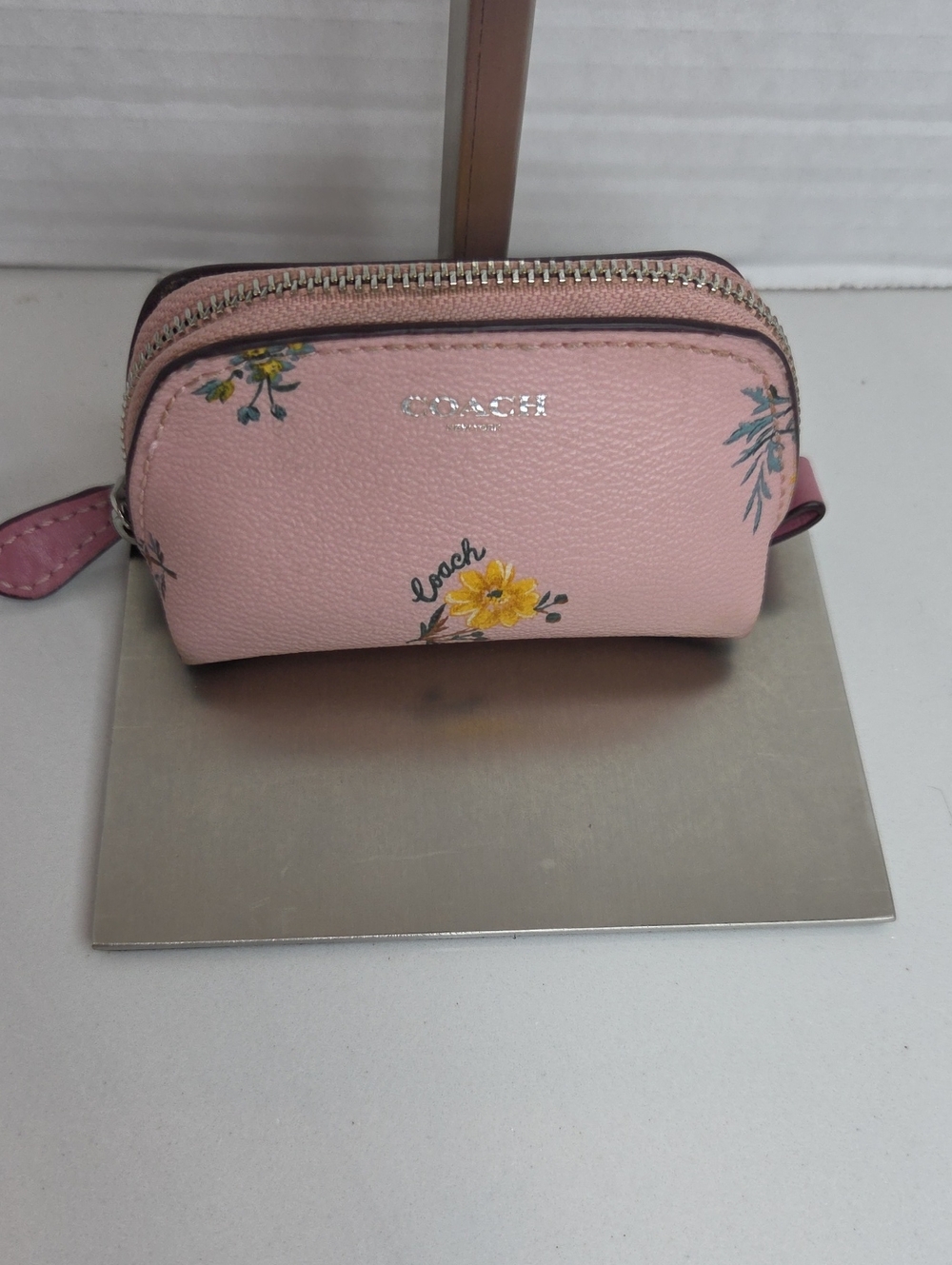 Coach Mini Pink Floral Leather Cosmetic Pouch Or Coin Purse